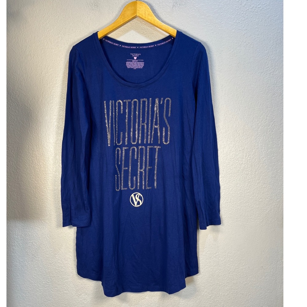 Victorias Secret Rhinestone Sleep Shirt Nightgown Logo L/S Glam Bling Lounge M